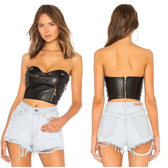 superdown Revolve Lexy Moto Faux Leather Black Strapless Zipper Corset Small - Picture 1 of 11